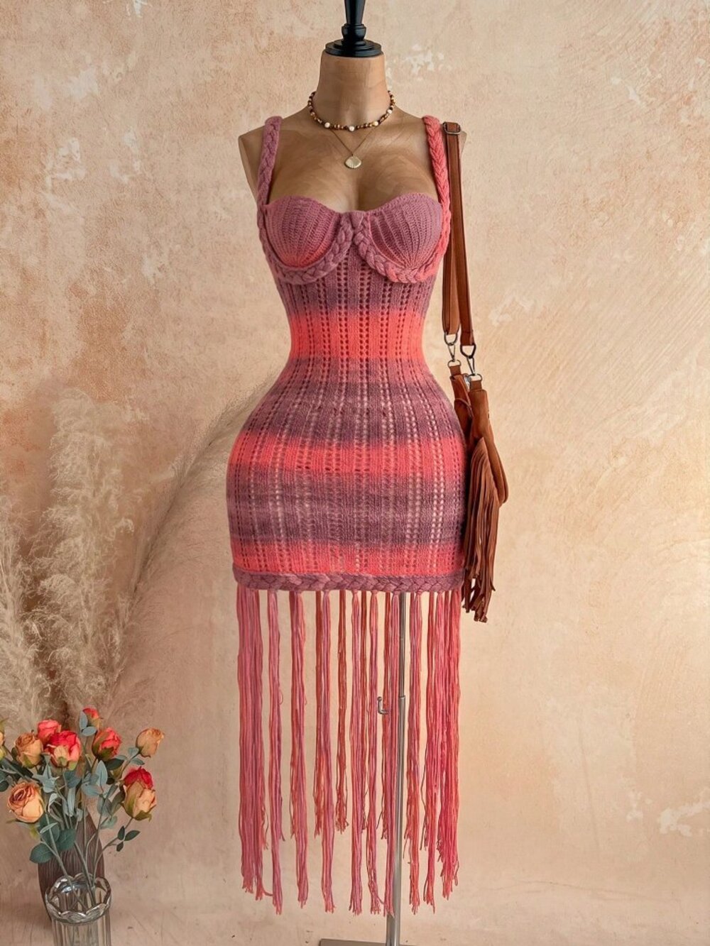 Burgundy Sexy Women's Exaggerated Tassel Braided Rope Knit Mini Dress - Picture 1 of 7
